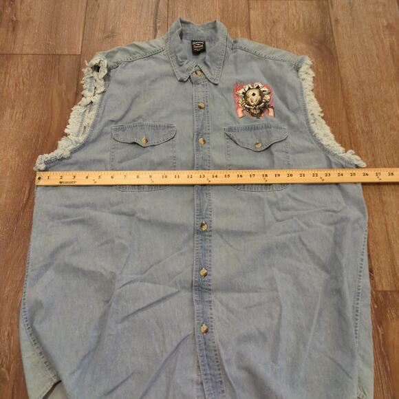 VTG Biker Cutoff Men XXL Button Up Denim Shirt Skull Cards Dice Guns Punk Flame - Picture 5 of 7